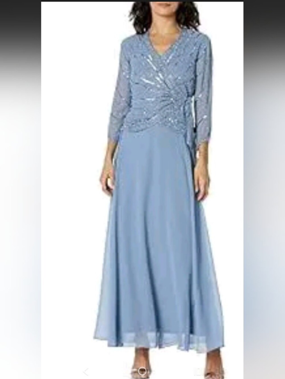 J Kara Dusty Blue Beaded V-Neck Long Sleeve Gown